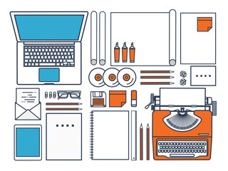 Vector illustration. Flat typewriter.Laptop. Tell your story. Author. Blogging.Line art