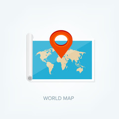World map in a flat style. Earth, globe. Navigation. Route and destination. Icon.