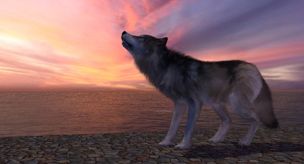 Wolf Howling At The Sunset 3D Rendering