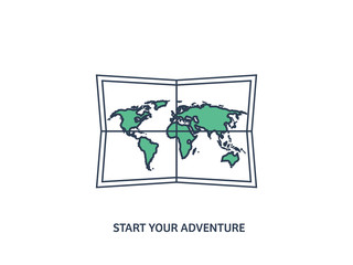 World map in a flat style. Earth, globe. Navigation. Route and destination. Icon.Line art. Lined.