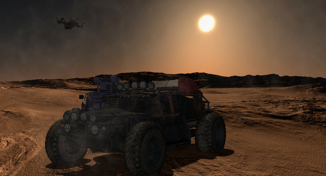 Mars Planet Science Fiction Transport Vehicle 3d Rendering