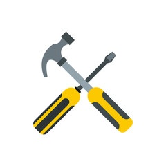 Hammer and screwdriver icon in flat style isolated on white background. Tool symbol