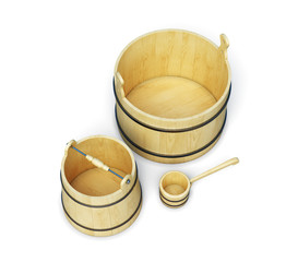 Buckets and ladle isolated on white background.  3d rendering
