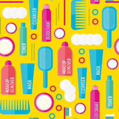 Vector beauty products seamless pattern in flat style. Icons of different bottles for cosmetics, face cream and eye cream, tooth brush, hair brush, deodorant in seamless texture. Washing, hygiene.