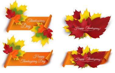 Set of Happy Thanksgiving banners with colorful autumn leaves and paper scroll ribbon. Vector