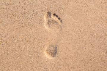 Shiny, perfect foots imprint in sand on the beach in summer