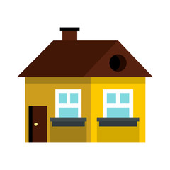 Small yellow cottage with brown roof icon in flat style on a white background