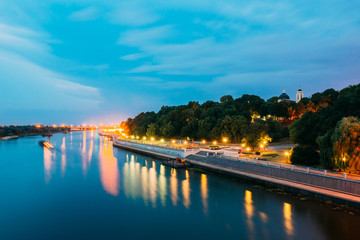 Obraz premium Scenic Evening View Of Sozh River, Illuminated Embankment, Park,