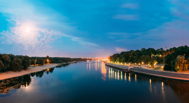 Gomel, Homiel, Belaru. Summer Evening View Of Sozh River In Moonlight