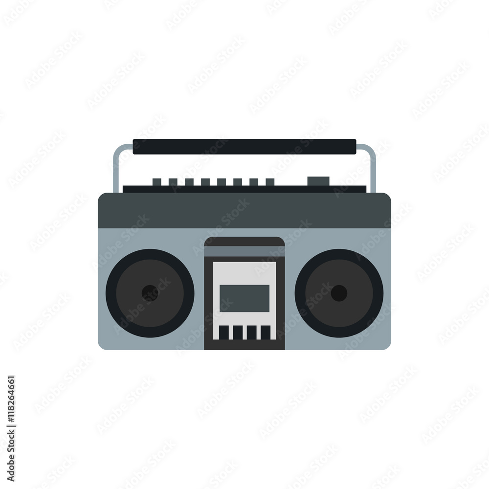 Poster boom box or radio cassette tape player icon in flat style on a white background