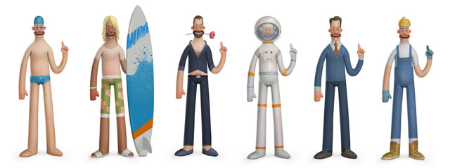 Fototapeta na wymiar 6 funny man character, set of illustrations, dancer, astronaut, surfer, builder, swimmer, clerk, white background 