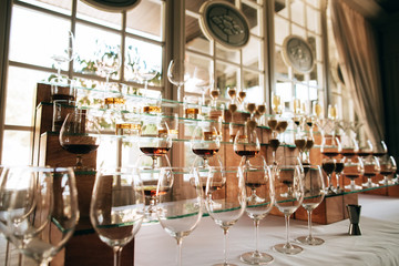 Wedding alcohol drink bar. Champagne, cognac, Martini, alcoholic cocktails