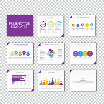 Multipurpose template for presentation slides with graphs and charts - violet color version.