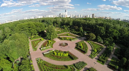 Cityscape with rose garden at summer sunny day. Aerial view