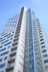 The facade of modern high-rise buildings business center Profiko in Moscow, bottom view