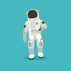 Vector illustration of astronaut in outer space. Man in spacesuit and helmet flat style design