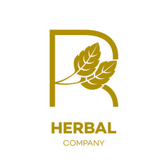 Letter R logo Gold,Green leaf,Herbal,Pharmacy,ecology vector illustration