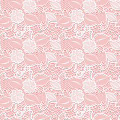 White seamless lace floral pattern on pink background.