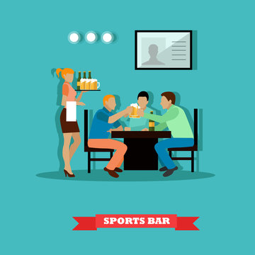 Friends drinking beer and watch a game in sport bar. Vector illustration poster flat style.