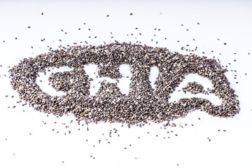 Chia seeds. Chia word made from chia seeds on white background.