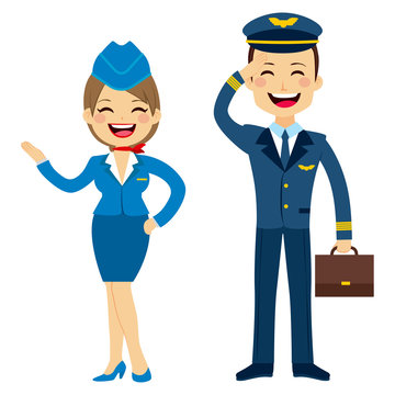 Flat style stewardess and pilot characters standing isolated on white background
