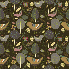 Naklejka premium Beautiful floral illustrations forest design elements seamless pattern. retro style background