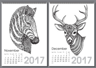Calendar 2017. Beautiful ornate hand drawn animals