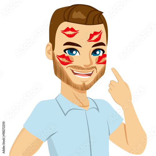 "Young happy man showing red lipstick kiss marks on face" Stock image