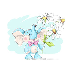 Cute and funny baby elephant with a bouquet of daisies
