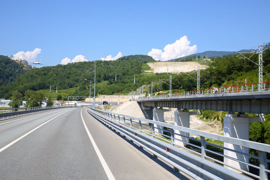 highway and railway bridge in the mountains