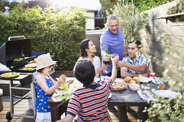 Family toasting each other at table outdoors
