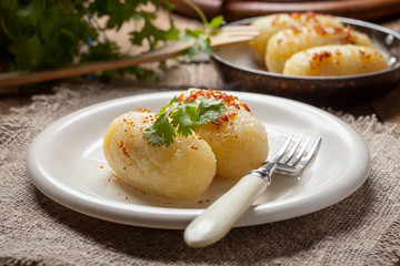 Potato dumplings stuffed with minced meat.