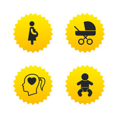 Maternity icons. Baby infant, pregnancy, buggy.