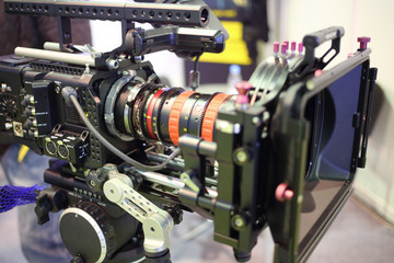 Professional digital camcorder on a tripod at the exhibition in Expo Center in Moscow, close-up
