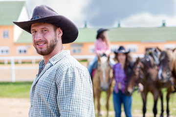 cowboy closeup portrait on background of horses
