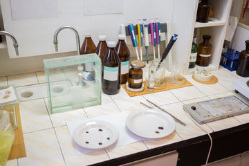 Chemical laboratory with preparations and burners for warming.