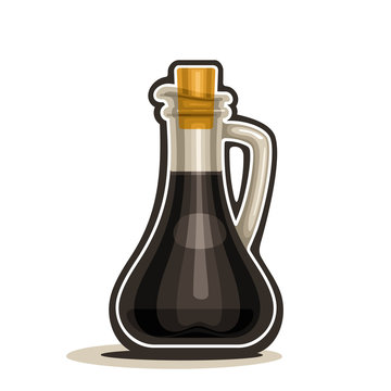 Vector logo glass decanter with handle filled soy sauce, cartoon cruet dark balsamic vinegar with cork wooden cap isolated on white background