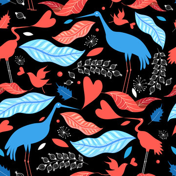 Seamless pattern with birds and autumn leaves