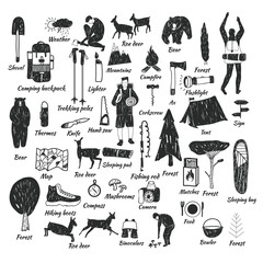 camping icons doodle text