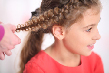 Portrait of a girl whose long braided pigtail, close-up