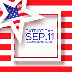 Origami Patriot Day background with star. We will never forget. Paper cut Poster Template. Abstract american flag background. September 11, 2001. Vector illustration 
