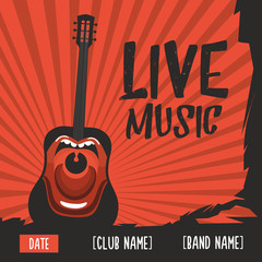 Live music poster with a screaming guitar. Vintage illustration