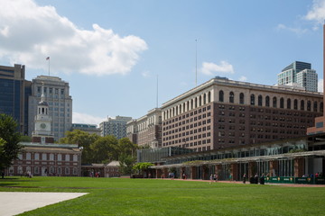 Independence Hall, Congress Hall and Liberty Bell Center at autumn sunny day.