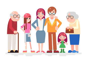 Obraz premium Happy Family Characters Love Together Child Teen Adult Old Icon Flat Design Vector Illustration