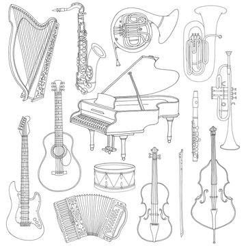 Hand drawn doodle, sketch musical instruments. Vector icons set