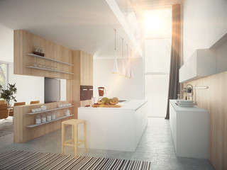 Kitchen and living room in loft apartment. 3d rendering