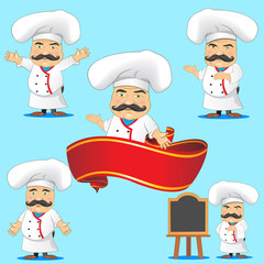 set of cooks in different poses, with  objects for advertising and  animation