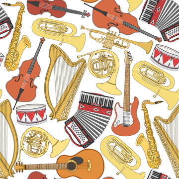 Hand drawn doodle, sketch musical instruments seamless pattern