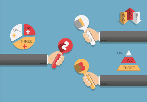 the hands of businessmen / solutions to increase the performance, presentation ideas / three simple steps / retro flat style