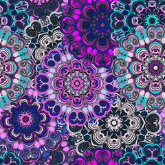 Violet colored seamless pattern with eastern floral ornament. Floral oriental design in aztec, turkish, pakistan, indian, chinese, japanese style. Wrapping paper or front-side, vector art.